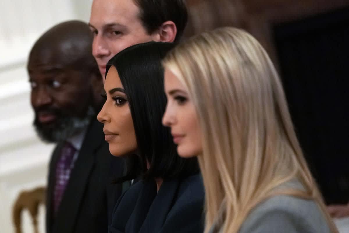Kim Kardashian sits with Ivanka Trump and Jared Kushner during an East Room event on “second chance hiring” on June 13, 2019, at the White House in Washington, DC. (Image Source: Getty Images | Photo by Alex Wong)