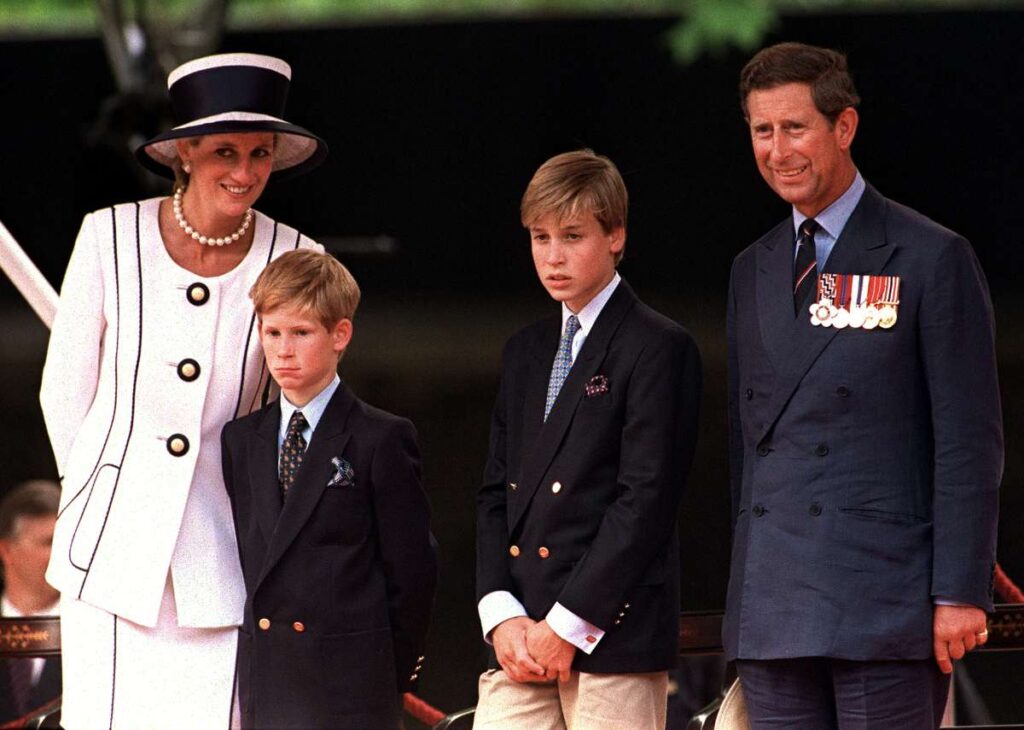 Princess Diana, Prince Harry, Prince William, and Prince Charles in August 1994 in London.