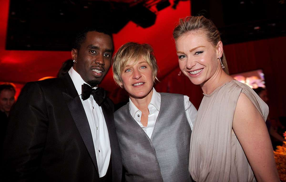 Diddy, comedian Ellen DeGeneres, and actress Portia de Rossi attend the 16th Annual Elton John AIDS Foundation Oscar Party on February 24, 2008, in West Hollywood. (Image Source: Stefanie Keenan/Getty Images)
