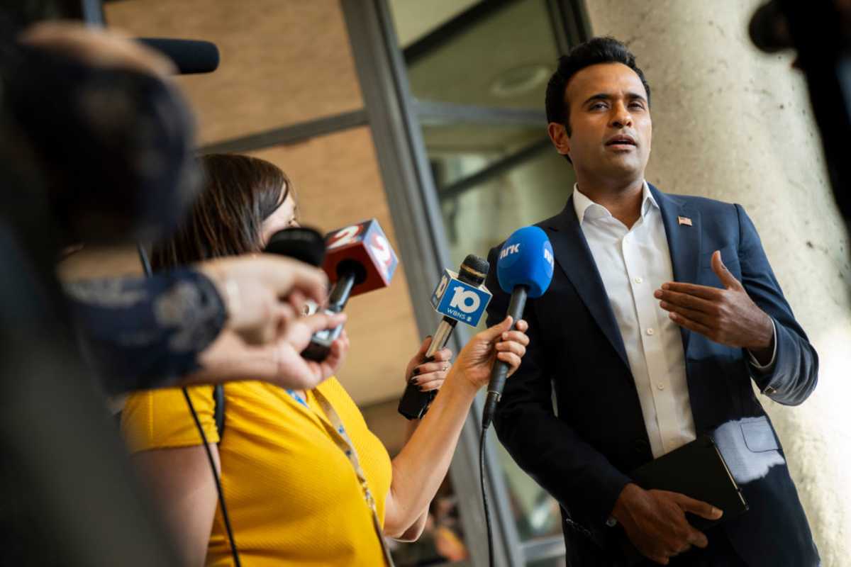 Vivek Ramaswamy during a press gaggle on September 19, 2024, in Springfield, Ohio. (Image Source: Getty Images | Photo By Michael Swensen)