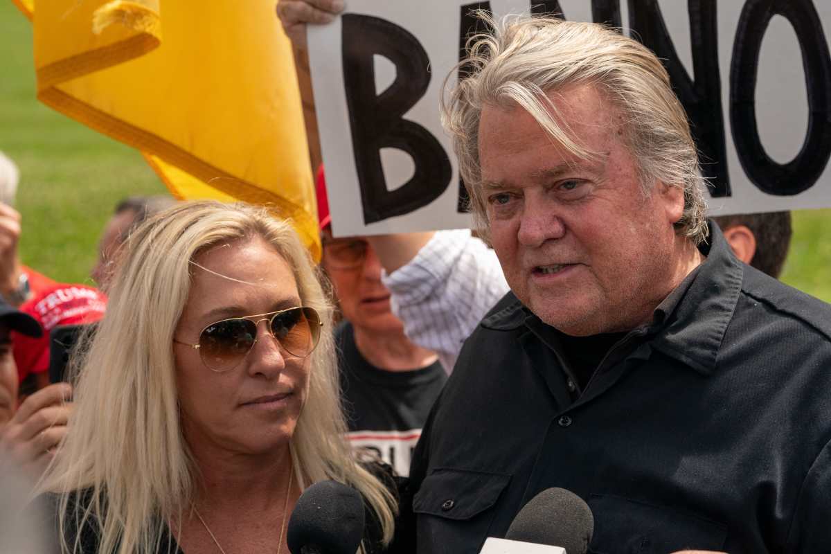 Steve Bannon with U.S. Rep. Marjorie Taylor Greene (R-GA) by his side at the Federal Correctional Institution Danbury. Image Source: Photo by David Dee Delgado | Getty Images 