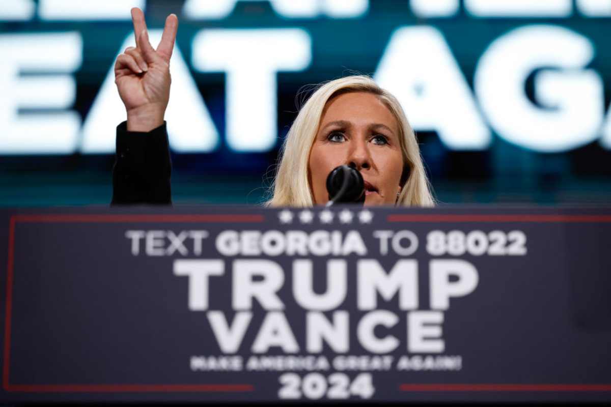 Marjorie Taylor Greene during a campaign rally at the Cobb Energy Performing Arts Centre on October 15, 2024 in Atlanta, Georgia. (Image Source: Photo by Kevin Dietsch / Getty Images)