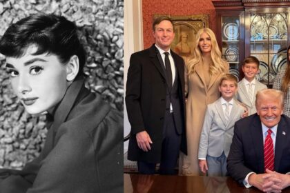 Audrey Hepburn (L) and Donald Trump with daughter Ivanka Trump and family