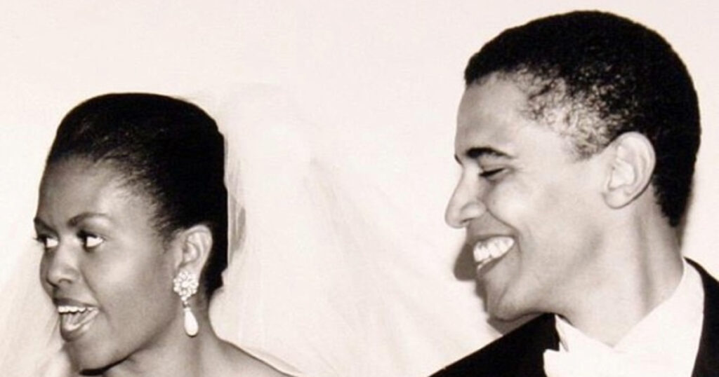 Barack and Michelle Obama in a monochrome image taken on their wedding day.