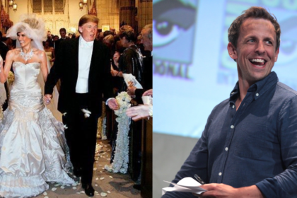 Donald Trump and Melania Trump (L) and Seth Meyers (R).