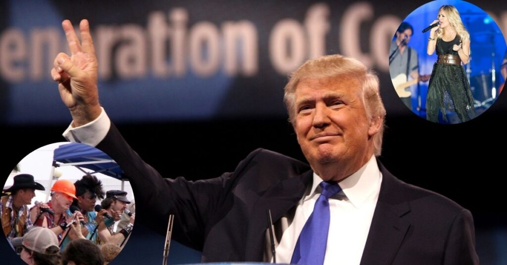 Donald Trump (C), Carrie Underwood (Top Right) and The Village People