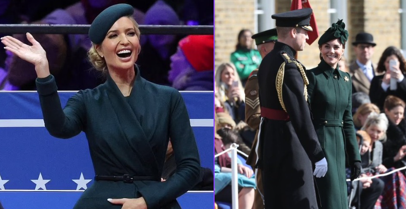 Ivanka Trump and Princess Kate in belted dark green ensembles.