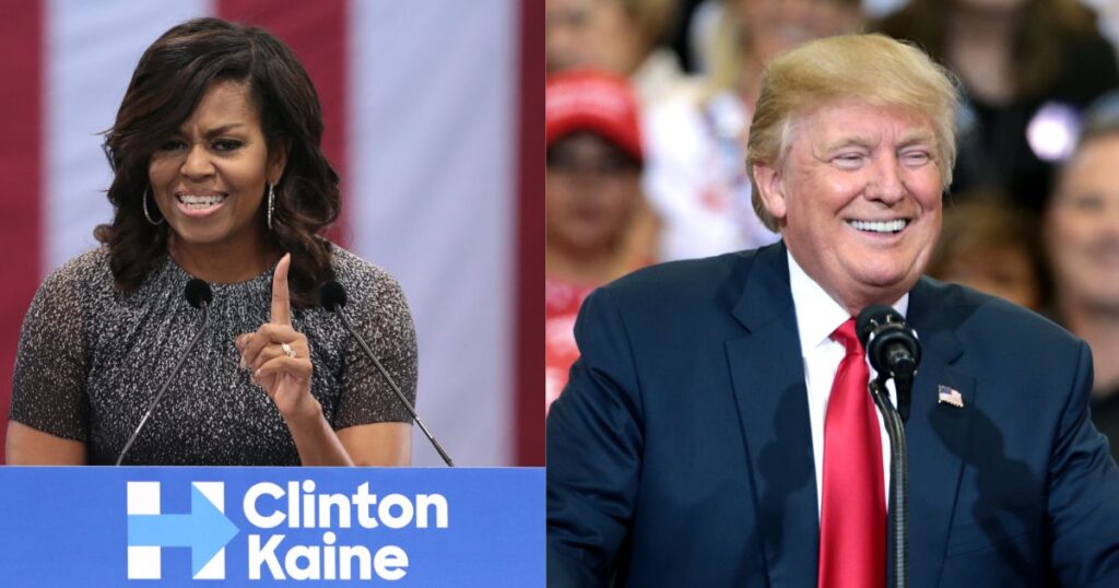 Former First Lady Michelle Obama speaking at a campaign rally at the Phoenix Convention Center in Phoenix, Arizona, and President Donald J. Trump. (Source: Flickr)