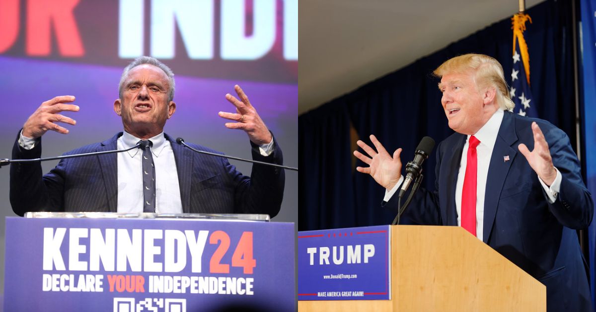 Robert F. Kennedy, Jr., delivering a speech (via Flickr) and Donald Trump at the Laconia Rally, Laconia, NH, by Michael Vadon July 16, 2015 ( via Flickr )