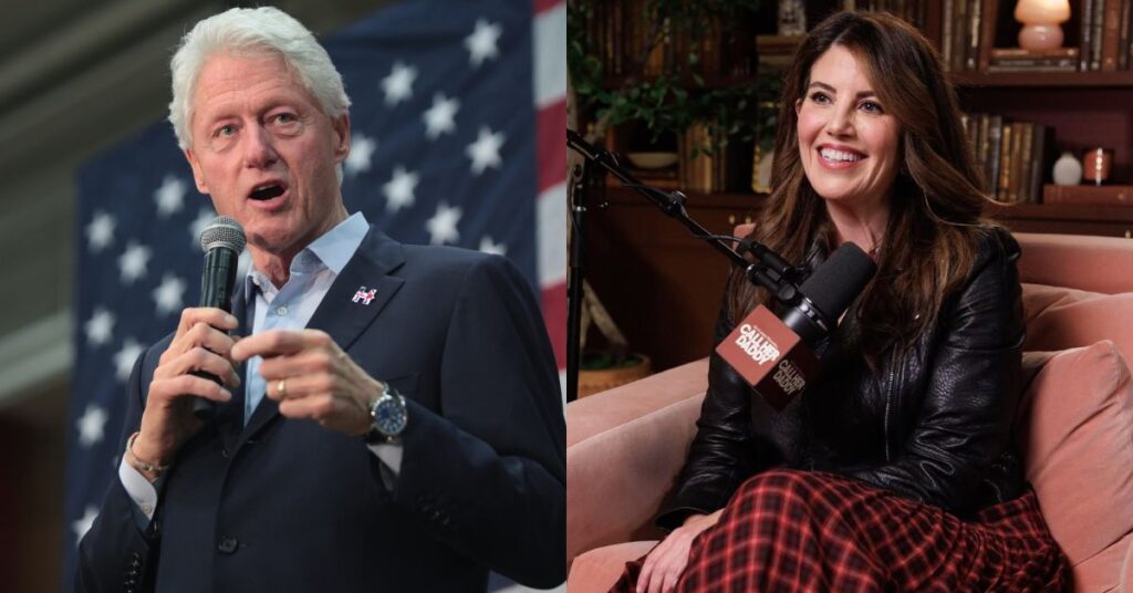 Bill Clinton at a 2016 rally in Arizona and Monica Lewinsky on the Call Her Daddy podcast.