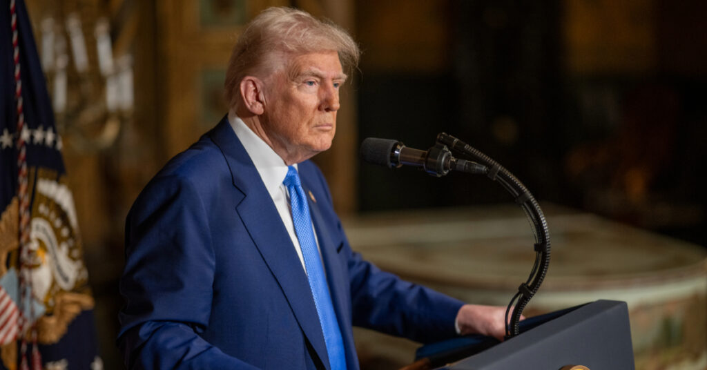 President Donald Trump takes questions after signing Executive Orders, Tuesday, February 18, 2025, at his Mar-a-Lago resort in Palm Beach, Florida. (Official White House Photo by Daniel Torok)