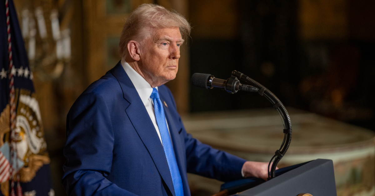 President Donald Trump takes questions after signing Executive Orders, Tuesday, February 18, 2025, at his Mar-a-Lago resort in Palm Beach, Florida. (Official White House Photo by Daniel Torok)