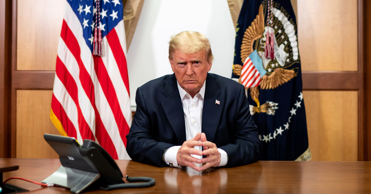 President Donald Trump, joined by Chief of Staff Mark Meadows, participates in a phone call with Vice President Mike Pence, Secretary of Defense Mark Esper, Secretary of State Mike Pompeo, Chairman of the Joint Chiefs of Staff Gen. Mark Milley and National Security Advisor Robert O’Brien Sunday, Oct. 4, 2020, in his conference room at Walter Reed National Military Medical Center in Bethesda, Md.
