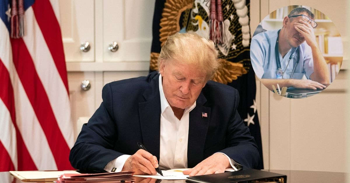 President Trump Works at Walter Reed National Military Medical Center and (inset) stock image of a doctor.
