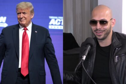 President of the United States Donald Trump speaking with supporters at an "An Address to Young Americans" event hosted by Students for Trump and Turning Point Action at Dream City Church in Phoenix, Arizona and (R) Andrew Tate on the James English Podcast