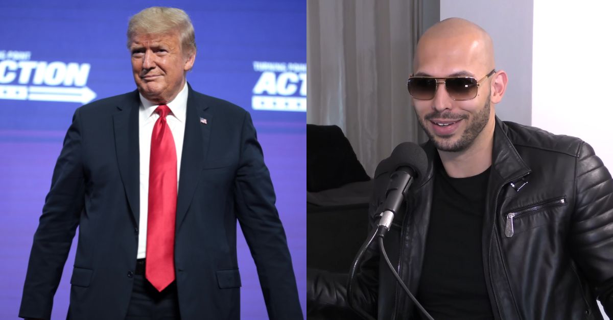 President of the United States Donald Trump speaking with supporters at an "An Address to Young Americans" event hosted by Students for Trump and Turning Point Action at Dream City Church in Phoenix, Arizona and (R) Andrew Tate on the James English Podcast