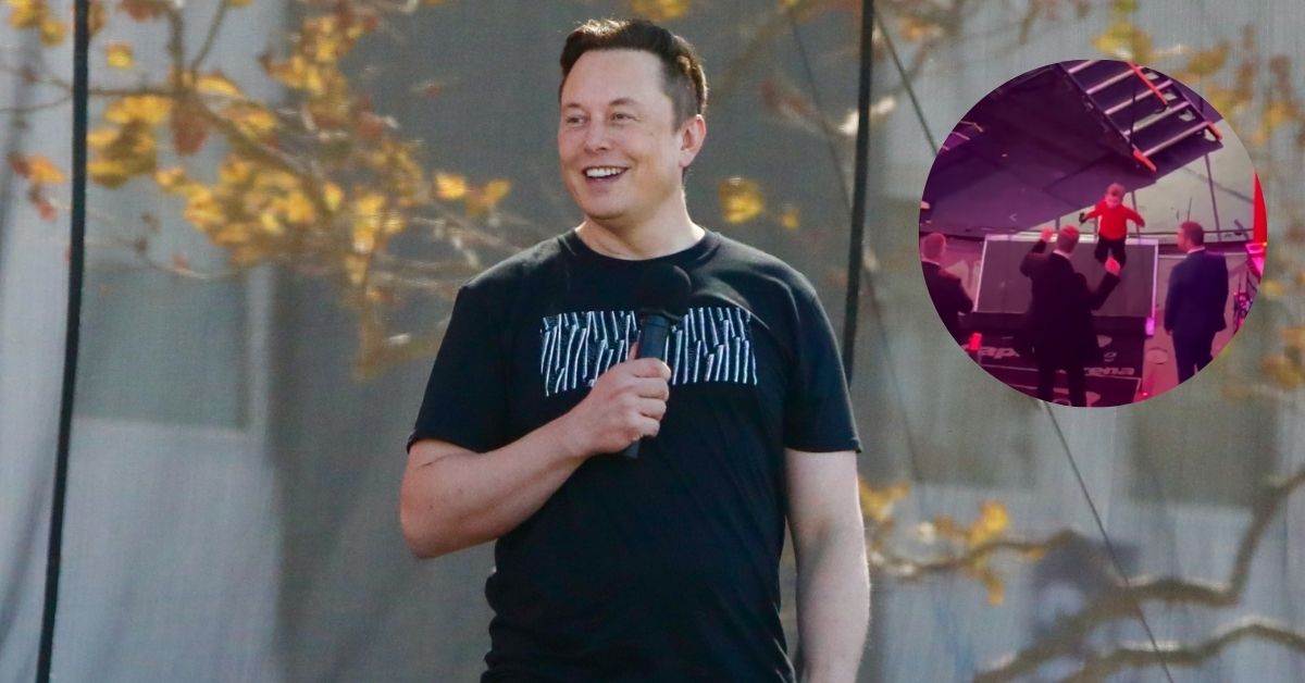 Elon Musk at the Tesla ASM and Battery Day and (inset) a screengrab from the footage that shows that he didn't forget his son.