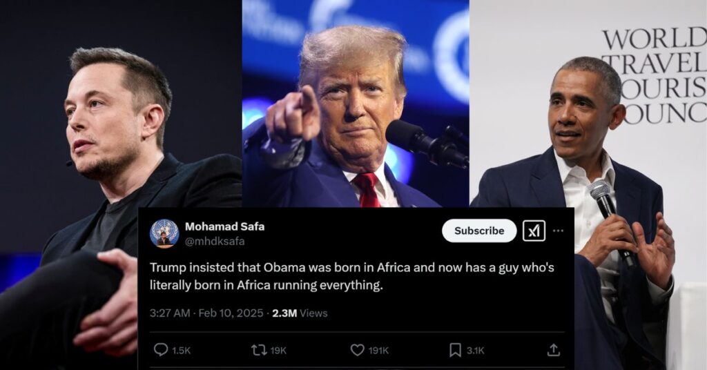 Elon Musk, President Donald Trump, and former President Barack Obama, and (inset) the viral tweet