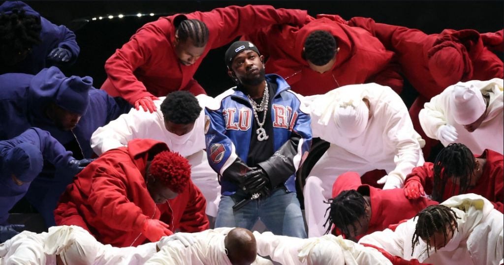 Kendrick Lamar performing at Super Bowl 2025.