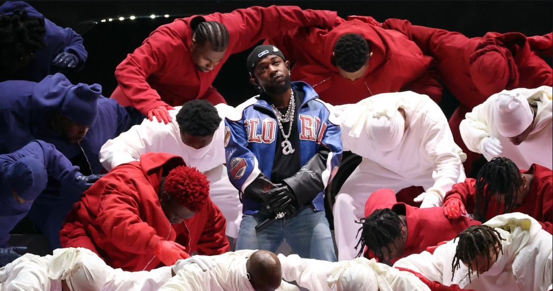 Kendrick Lamar performing at Super Bowl 2025.