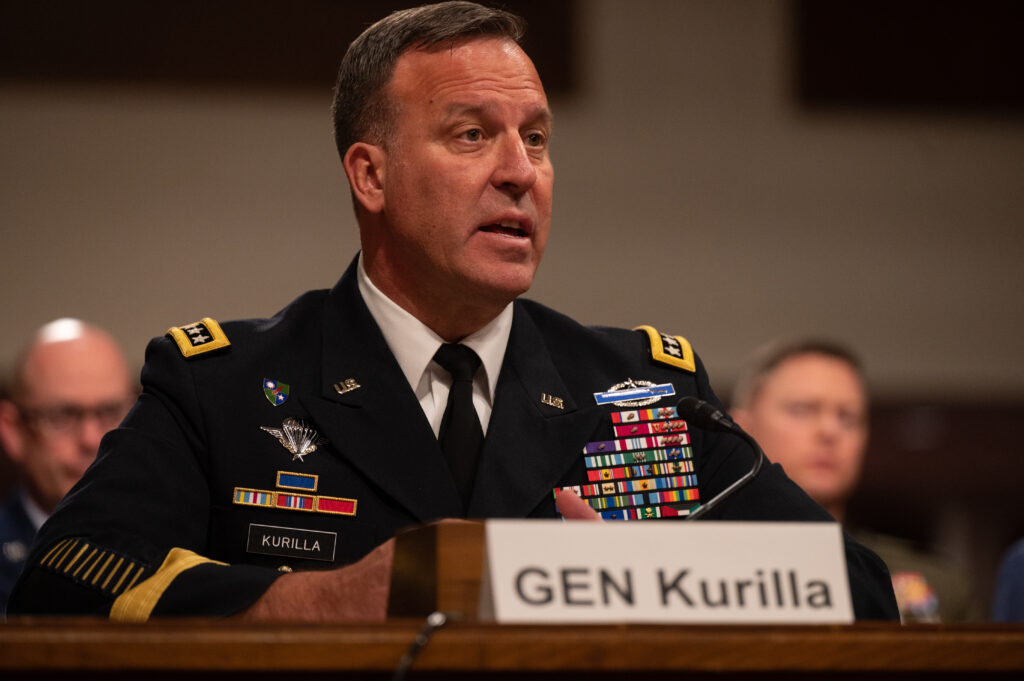 Gen. Michael “Erik” Kurilla, U.S. Central Command commander, provides testimony at a Senate Armed Services Committee
