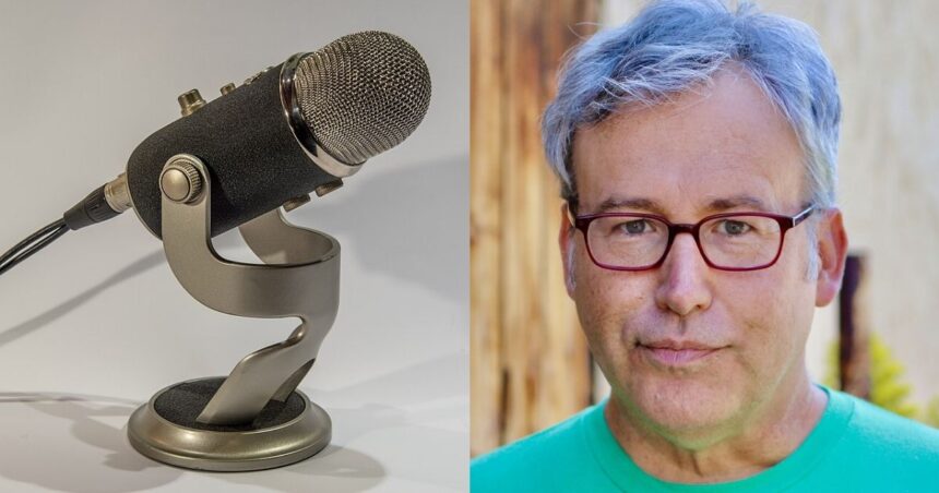 A voiceover artist, with a microphone to the left.