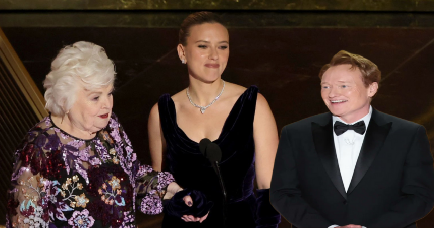 Conan O'Brien Scarlett Johansson and June Squibb at the Oscars 2025