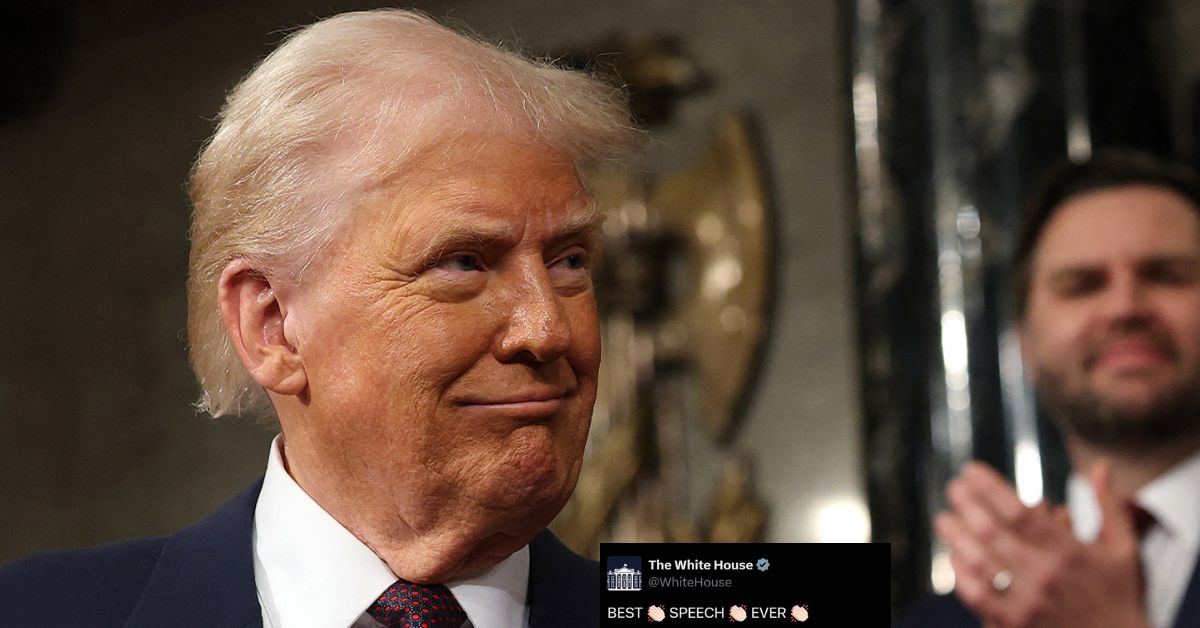 Donald Trump at his presidential address to Congress and (inset) the post by the White House.