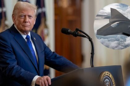 Donald Trump at the White House to sign the Laken Riley Act and (inset) a rendering of the Boeing fighter jet.