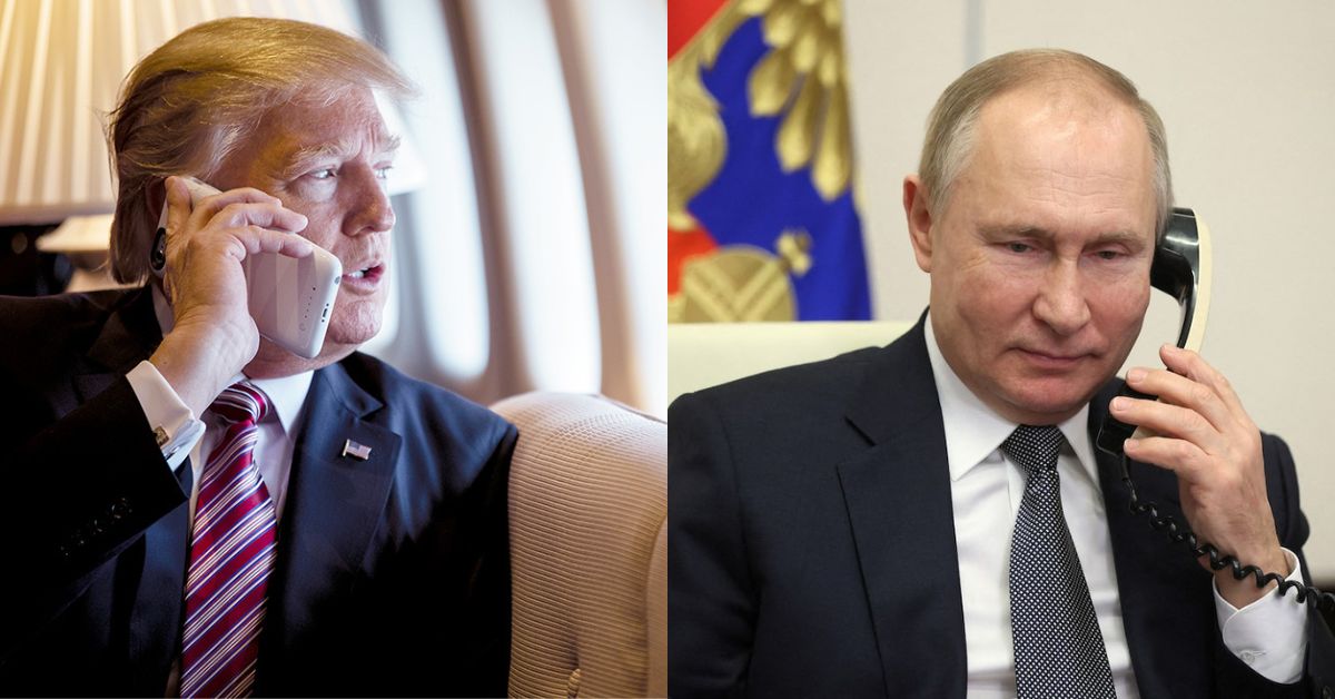 President Donald Trump talks on the phone aboard Air Force One and Russian President Vladimir Putin speaks on the phone during a conversation with Tatyana Trotsenko.