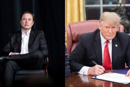 Elon Musk speaking at an event in Colorado in 2022 (via Wikimedia Commons )and President Donald Trump sitting at his desk in the Oval Office( Photo by Official White House Photo via Wikimedia Commons)
