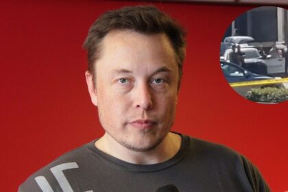 Elon Musk at a Townhall at the Tesla Amsterdam Service Center and (inset) a screengrab of the Austin Police at the dealership in Tesla.