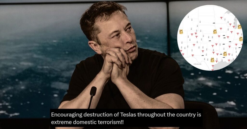 SpaceX and Tesla CEO Elon Musk at the SpaceX Falcon Heavy Flight 1 post launch press conference and (inset) a screengrab of the online map on the Dogequest website.