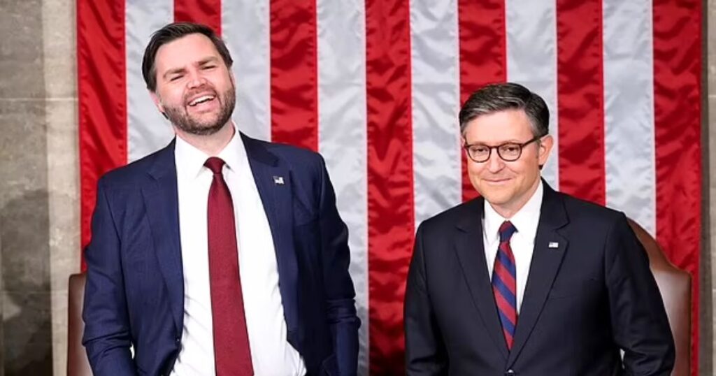 JD Vance speaks to House Speaker Mike Johnson during Donald Trump's Congress address.