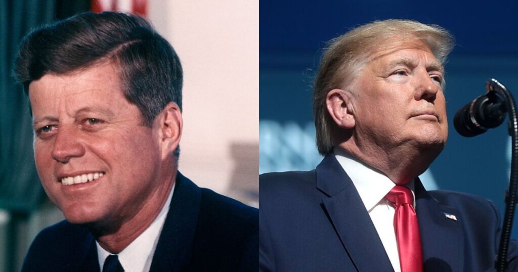 Former President JFK in the Oval Office on July 11, 1963. Photo by Cecil Stoughton, White House/John F. Kennedy Library. Uploaded on January 25, 2011 and Donald Trump (via Wikimedia Commons)