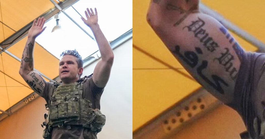Pete Hegseth in a photo posted to the Secretary of Defense account on X. (Photograph: Secretary of Defense via X) and a closeup of his tattoos (Nardeen Kiswani- via X)