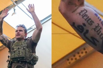 Pete Hegseth in a photo posted to the Secretary of Defense account on X. (Photograph: Secretary of Defense via X) and a closeup of his tattoos (Nardeen Kiswani- via X)