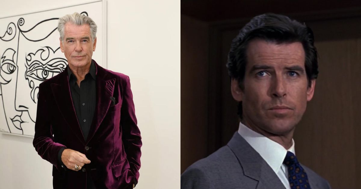 Pierce Brosnan and a screengrab of him as James Bond from the film Goldeneye.