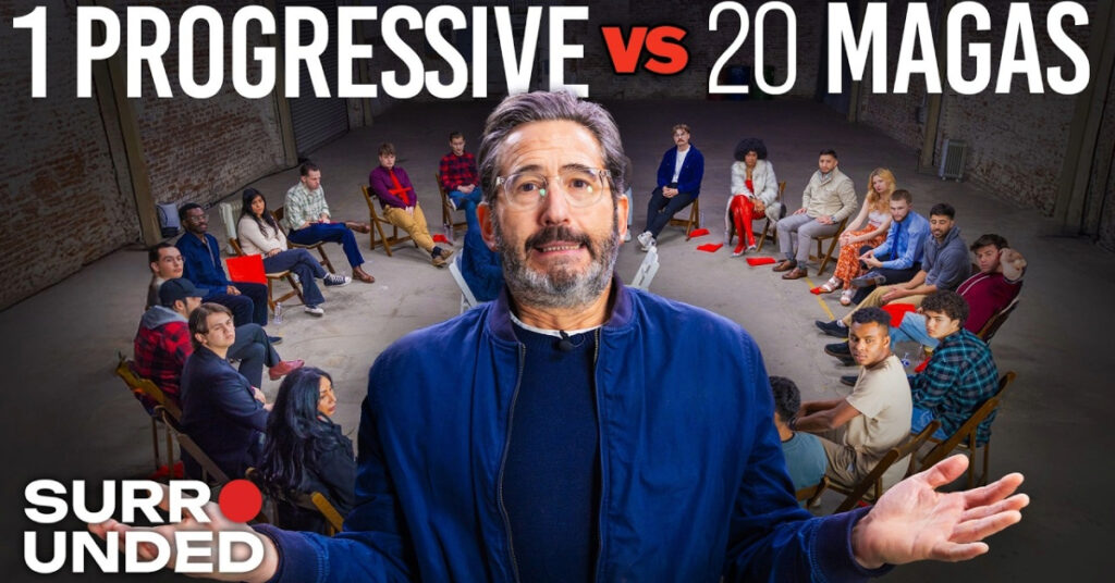 An image from the debate that saw Sam Seder take on 20 Donald Trump/MAGA supporters.