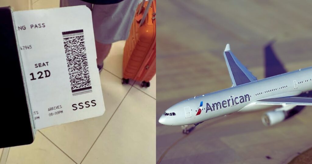 Picture of the SSSS code (Instagram|@findyourwonderwithhillary) and American Airlines Airbus A330-300 at Heathrow- (2014) (Source: Airliners- via Wikimedia Commons)