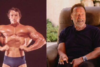 Side-by-side comparison of Arnold Schwarzenegger during his bodybuilding prime (left, @arnoldsports) and at age 77 (right, @schwarzenegger).