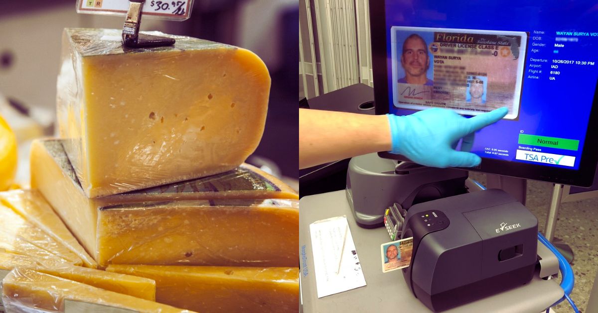 Carrying cheese in your bag? Be aware, the TSA scanner might flag it! (Image of Cheddar Cheese by Robert Couse-Baker via PxHere; TSA Identity Screener by Wayan Vota via Flickr)