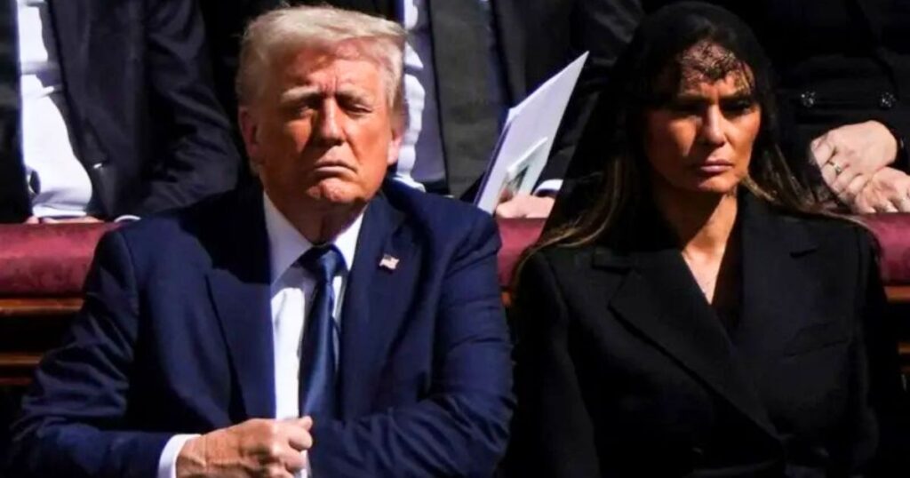 Donald Trump in Blue Suit with Melania Trump at Pope Francis' s Funeral