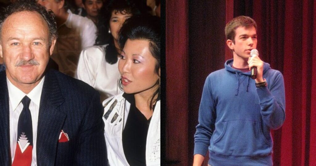 Gene Hackman with Wife Betsy Arakawa. (Image via @MilaLovesJoe/X.com) and John Mulaney (uploaded by Zena C via Flickr)