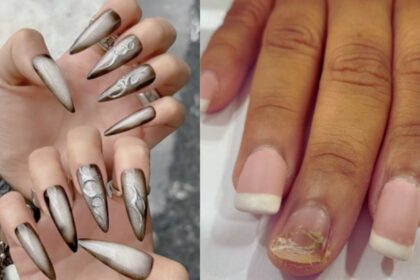 Pretty nail extensions (R)—Source: Instagram | @nail_unistella and Nail infection after extensions (L)—Source: Instagram | @sachipuri_md