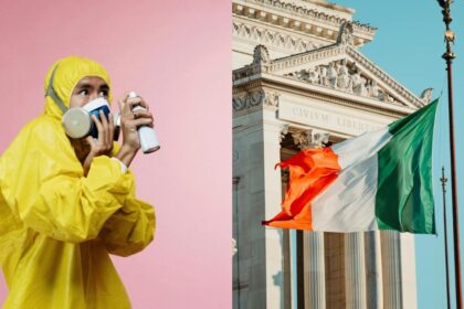 Hazmat-suited personnel and a flag of Ireland