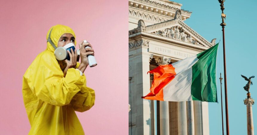 Hazmat-suited personnel and a flag of Ireland