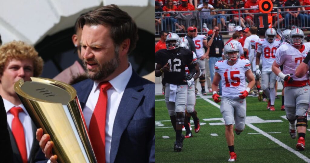 JD Vance with the Buckeyes’ Championship Trophy (Right) — via @usweekly | Ohio State Football Spring Game (Left) — Photo by Paula R. Lively, uploaded via Flickr