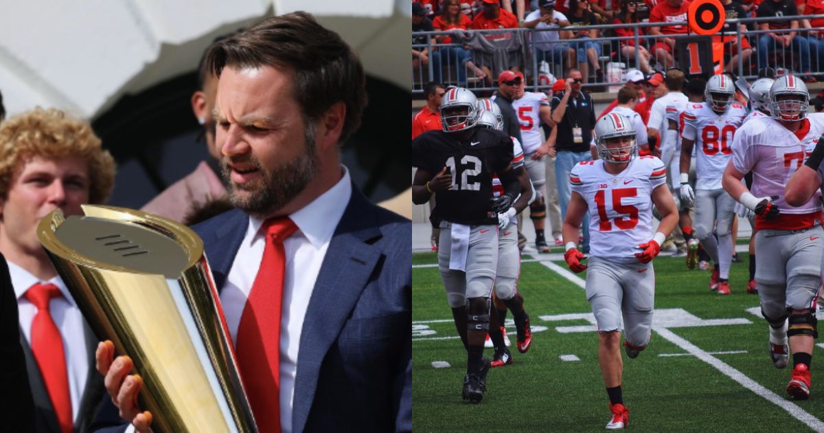 JD Vance with the Buckeyes’ Championship Trophy (Right) — via @usweekly | Ohio State Football Spring Game (Left) — Photo by Paula R. Lively, uploaded via Flickr
