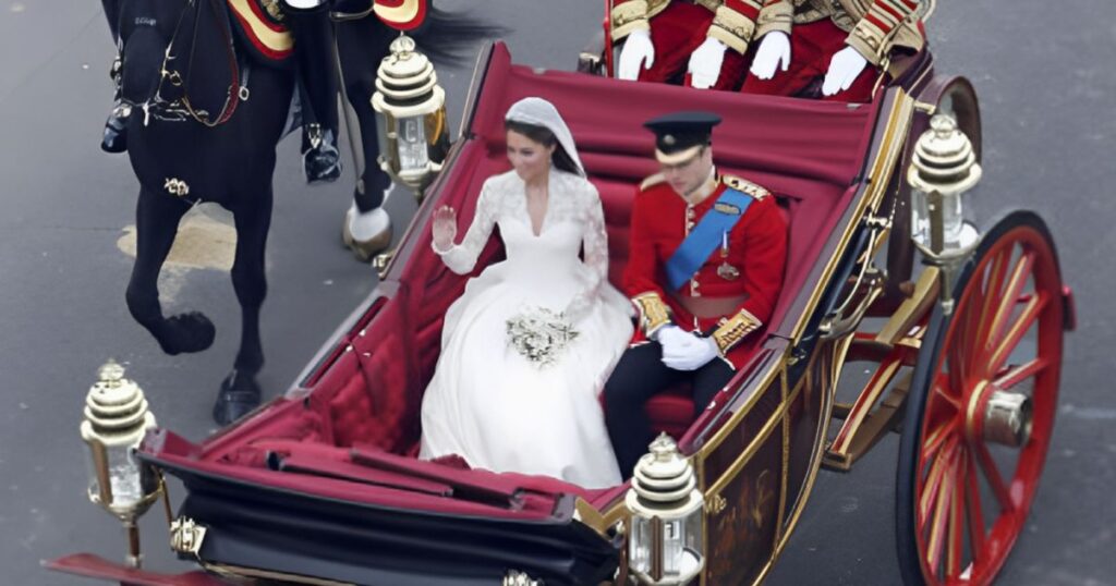 Prince William and Kate Middleton riding in the 1902 State Landau carriage following their royal wedding